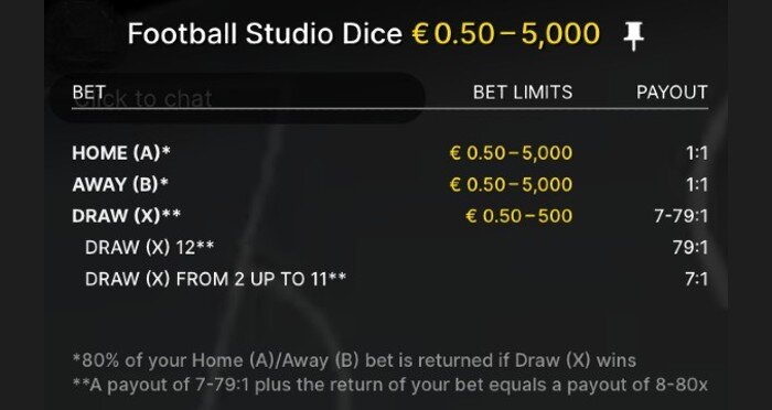 football studio dice payouts