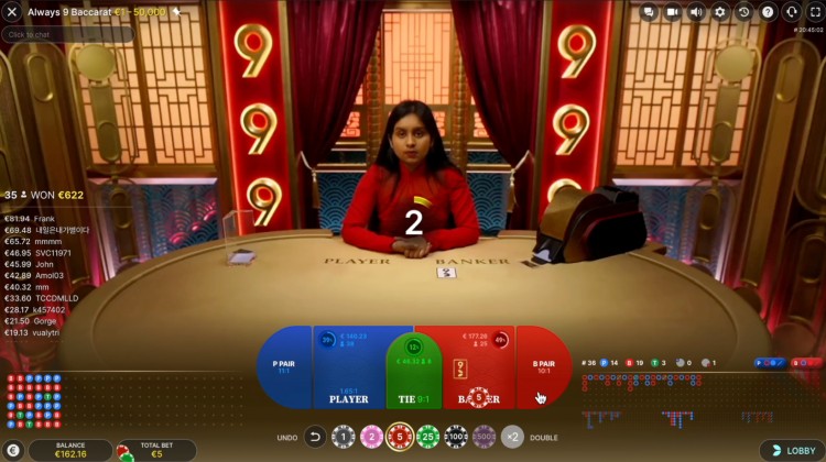 Stake baccarat betting interface med live dealer